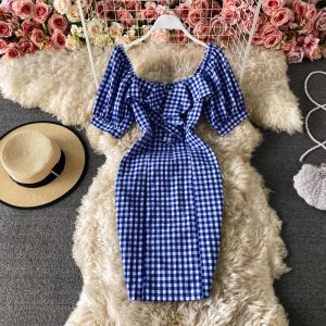 summer New Elegant Ruffle Square Collar Plaid Sheath Dress Slim Fit Slimming Short Hip Skirt