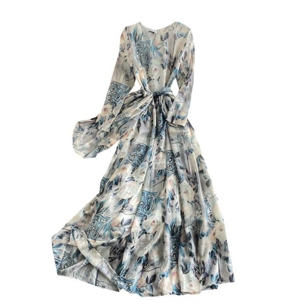 Holiday wind round collar dress fashion temperament hubble-bubble sleeve show thin printed big long skirt - Image 6