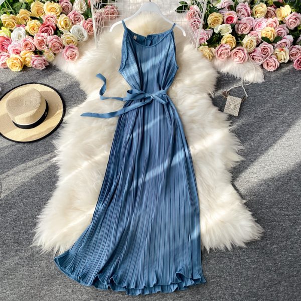 Sexy backless strap pleated dress female summer new overpressure fairy beach dress long holiday by the sea - Image 3