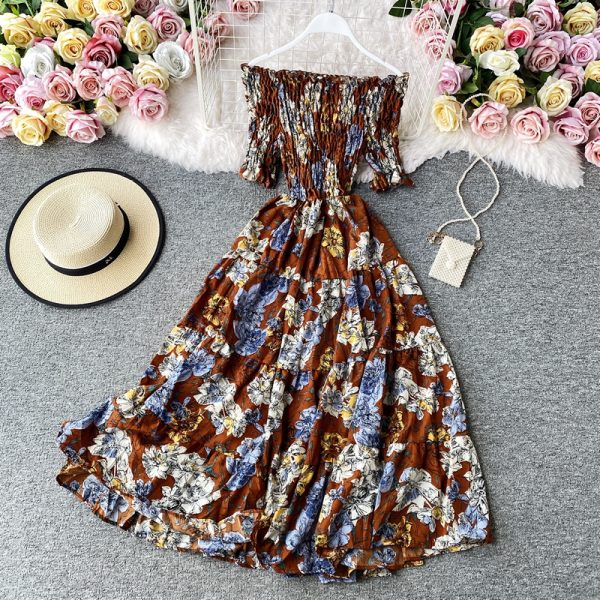 Seaside holiday wind broken flower skirt a word shoulder high waist show irregular thin falbala big dress - Image 3