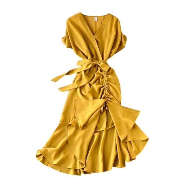 French v-neck dress shirt design restoring ancient ways are irregular fold accept waist split over-the-knee tail long skirt - Image 6