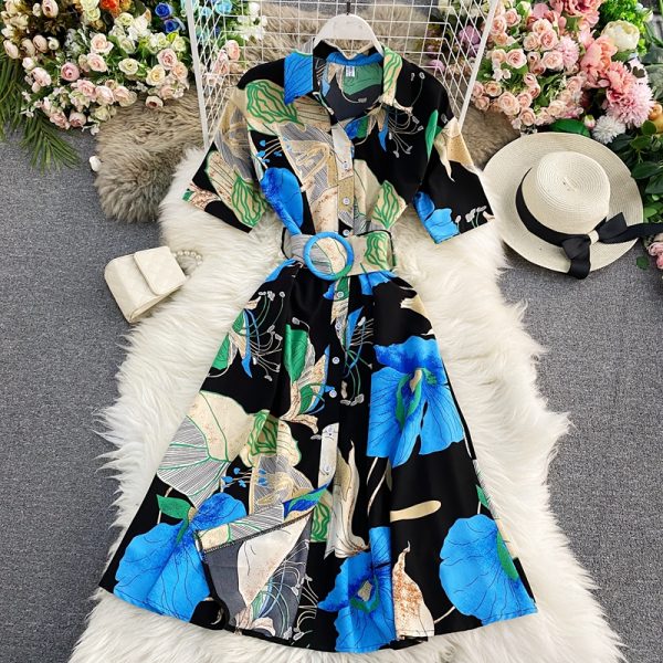 Retro printed shirt skirt to show thin temperament super fairy’s department to collect waist dress with short sleeves