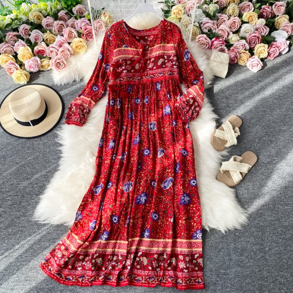 Posed long skirt retro Bohemian loose floral long beach holiday dresses - Image 3