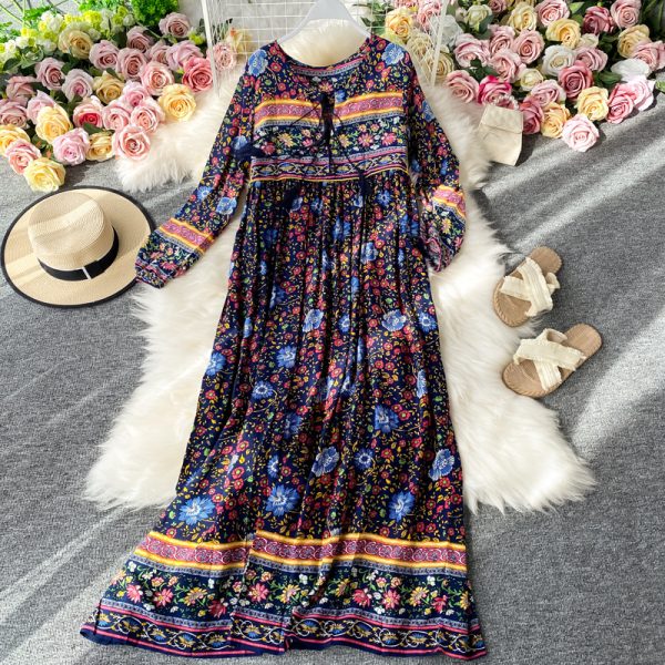 Posed long skirt retro Bohemian loose floral long beach holiday dresses - Image 5
