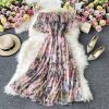 Strapless dress seaside holiday beach dress temperament purple floral skirt waist posed dress chiffon