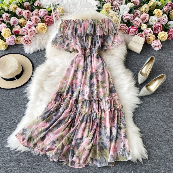 Strapless dress seaside holiday beach dress temperament purple floral skirt waist posed dress chiffon - Image 2