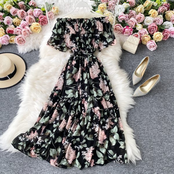 Strapless dress seaside holiday beach dress temperament purple floral skirt waist posed dress chiffon - Image 3