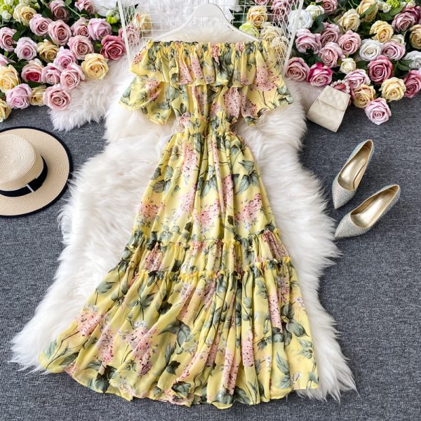 Strapless dress seaside holiday beach dress temperament purple floral skirt waist posed dress chiffon - Image 4