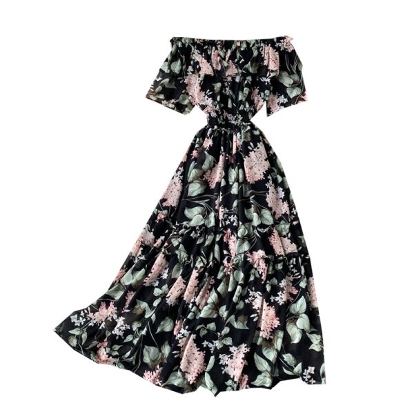 Strapless dress seaside holiday beach dress temperament purple floral skirt waist posed dress chiffon - Image 6