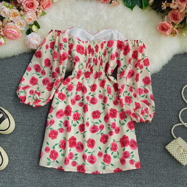 Long sleeve spring new show thin temperament chiffon word brief paragraph off-the-shoulder broken flower skirt - Image 3
