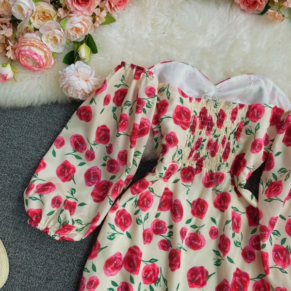 Long sleeve spring new show thin temperament chiffon word brief paragraph off-the-shoulder broken flower skirt - Image 4