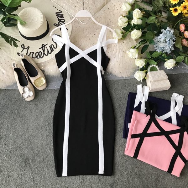 In the summer of the new package buttocks needle knitting skirt with shoulder-straps v-neck cultivate one’s morality - Image 2