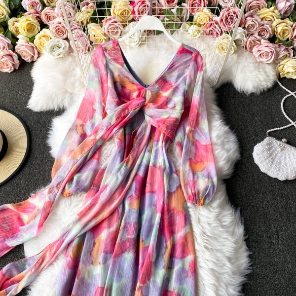 Chiffon dress women long sleeve the spring and autumn period and the new French v-neck posed a word show thin waist long skirt - Image 4