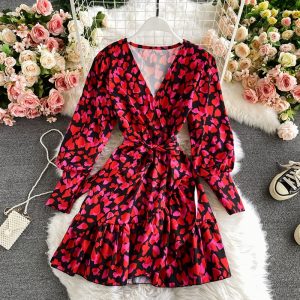 Printed ruffled dress fashion temperament is bound to receive A word skirt show thin waist broken flower skirt