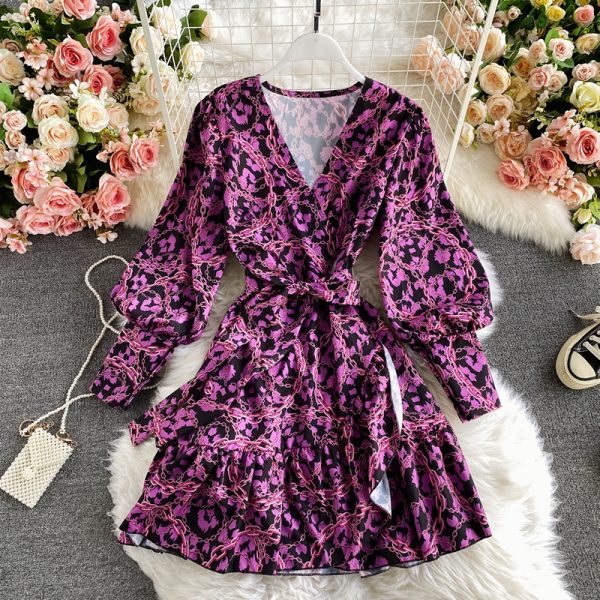 Printed ruffled dress fashion temperament is bound to receive A word skirt show thin waist broken flower skirt - Image 3