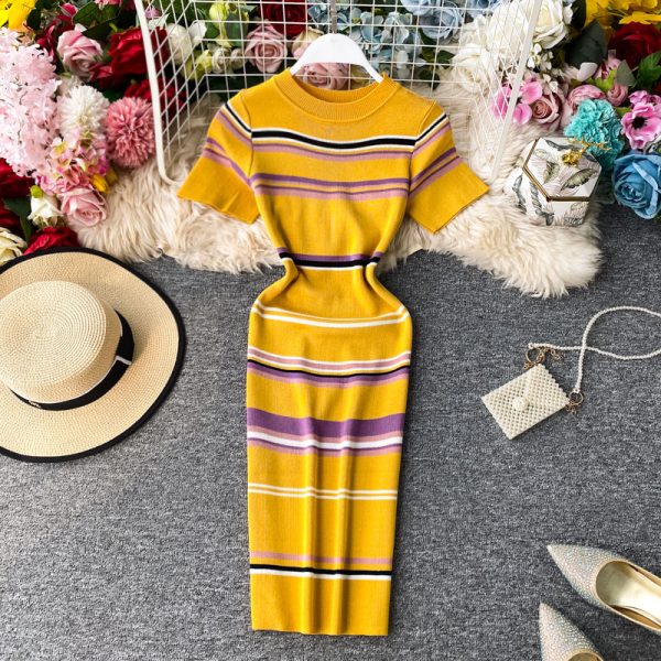 Summer New Korean Style Contrast Color Striped Slim Fit Thin over the Knee Midi Dress Hip Knitwear Short Sleeve Dress - Image 2
