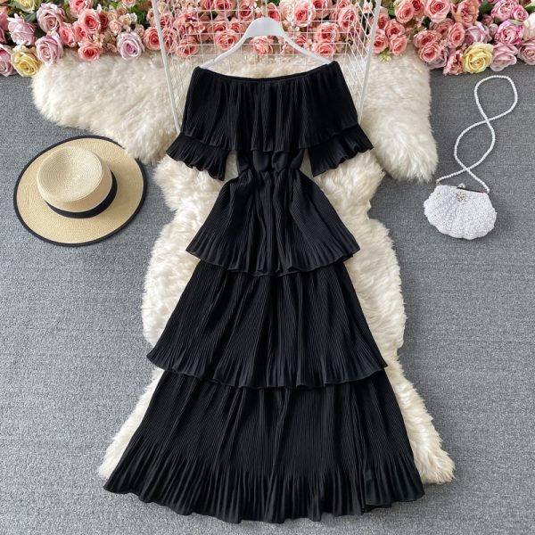 Off-Neck Pleated Dress Summer Sweet Lotus Leaf Temperament Mid-Length Beach Dress Shoulder-Baring Slimming Cake Dress - Image 4