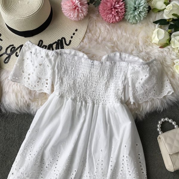 off-Shoulder Cotton Embroidered Backless Lace-up Tube Top High Waist Solid Color Dress Short Sleeve Holiday Dress with Chest Pad - Image 5