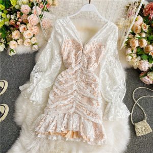 Fall New Sexy All-Match V-neck Pleated Slim-Fit Slimming Flounce Lace Long Sleeve Narrow Dress