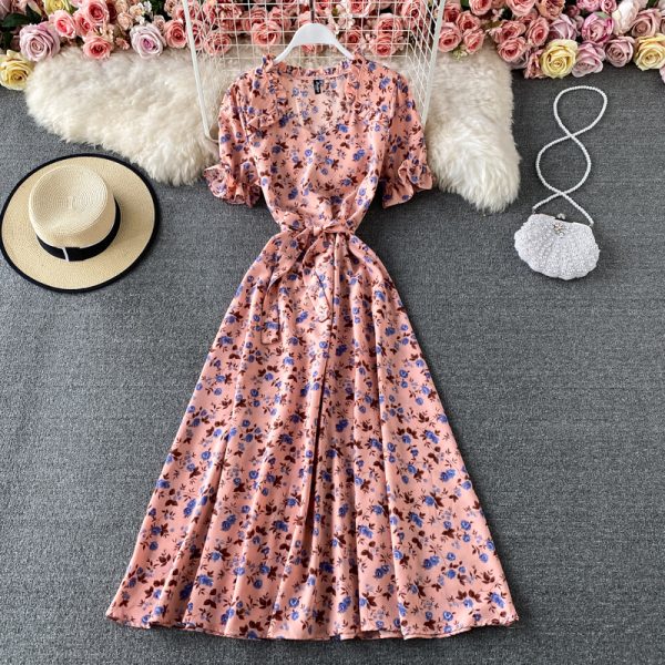 French Style Retro Square Collar Floral Chiffon Dress Puff Sleeve Waist-Tight Slimming Mori Super Fairy Swing Short Sleeve Dress