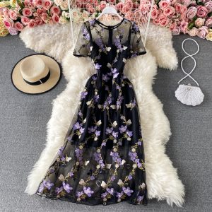 French Style Hepburn Style Long Dress Summer New Bow Collar Short Sleeve Slimming Embroidered Flower Dress Short Sleeve