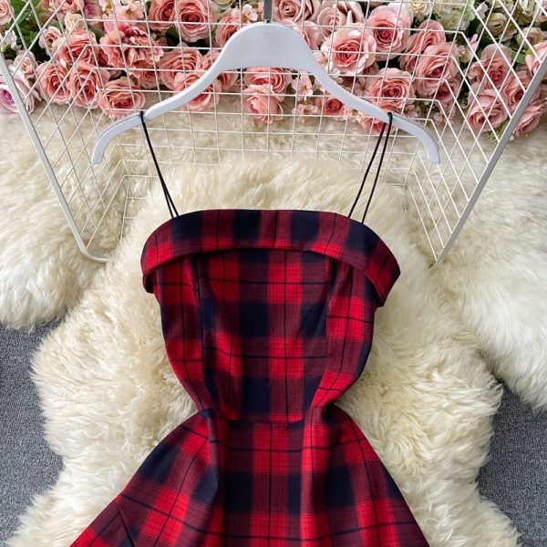 French First Love A- line Dress Dark Plaid Waist Tight Small Suspender Dress Slim Slimming Elegant Dress Summer - Image 5