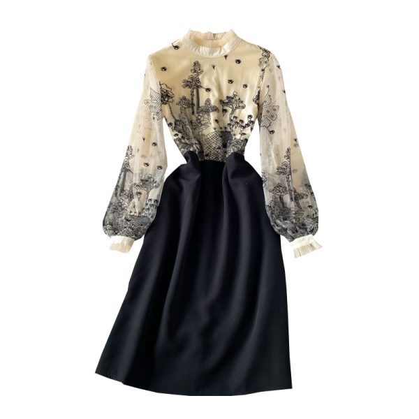 spring elegant temperament wood ear stand collar stitching embroidered mesh fake two-piece waist slimming a-line dress - Image 6