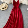 Summer Solid Color Wide Hem Dress V-neck Scheming Backless Slim-Fit Figure Flattering Party Dress High Waist Dress - Image 7