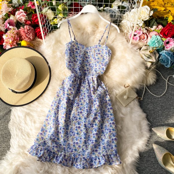 Summer New Elegant French Hipster Style High Waist Girl Floral Strapless Suspender Dress Ruffled Dress - Image 5