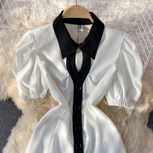 Hepburn Gentle French Style Retro First Love Dress Summer New Puff Sleeve Lapel Contrasting-Color Dress Short Sleeve - Image 4