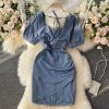 Square Collar Dress Women’s Summer New French Socialite Slimming Pleated Waist Tight Irregular Short Hip Skirt
