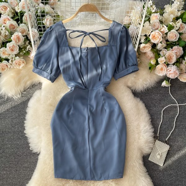 Square Collar Dress Women’s Summer New French Socialite Slimming Pleated Waist Tight Irregular Short Hip Skirt - Image 5