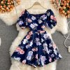 Holiday style printed square neck jumpsuit folds Slim Western style bubble sleeve wide-leg shorts jumpsuit summer - Image 2