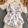 Holiday style printed square neck jumpsuit folds Slim Western style bubble sleeve wide-leg shorts jumpsuit summer - Image 3