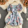 Holiday style printed square neck jumpsuit folds Slim Western style bubble sleeve wide-leg shorts jumpsuit summer - Image 4