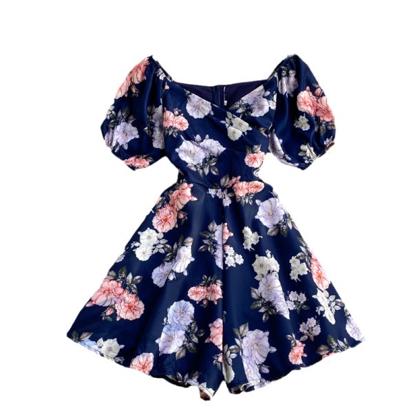 Holiday style printed square neck jumpsuit folds Slim Western style bubble sleeve wide-leg shorts jumpsuit summer - Image 6
