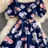 Holiday style printed square neck jumpsuit folds Slim Western style bubble sleeve wide-leg shorts jumpsuit summer - Image 7