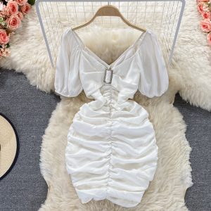 Sexy Cutout Ladies V-neck Slim Fit Slimming Short Hip Skirt Western Style Square Collar Ddiamante Buckle Waist Dress Summer