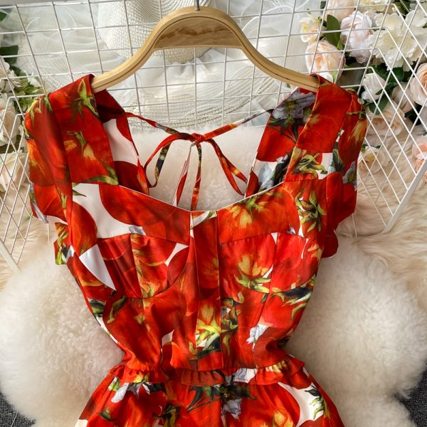 summer new French style retro waist slimming square collar printed dress short sleeve elegant temperament mid-length skirt - Image 3