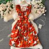 summer new French style retro waist slimming square collar printed dress short sleeve elegant temperament mid-length skirt - Image 5