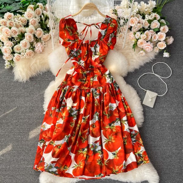 summer new French style retro waist slimming square collar printed dress short sleeve elegant temperament mid-length skirt - Image 5