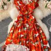 summer new French style retro waist slimming square collar printed dress short sleeve elegant temperament mid-length skirt - Image 7