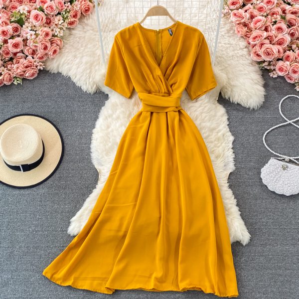 summer French retro bellflower skirt super fairy v-neck waist slimming dress elegant temperament large swing dress - Image 5