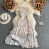 Seaside Holiday Floral Slip Dress Vest Chiffon Pleated Dress Women’s Summer Slimming Temperament Fairy Long Dress