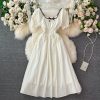 French Style Retro Square Collar Bow Puff Sleeve Dress Summer New Girl Age-Reducing Sweet Large Swing Dress - Image 2