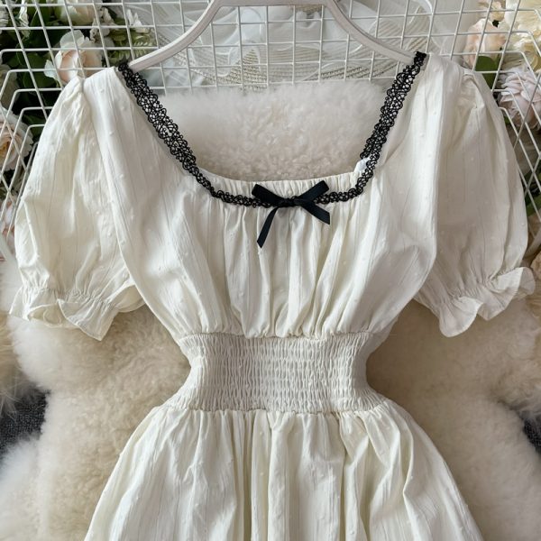 French Style Retro Square Collar Bow Puff Sleeve Dress Summer New Girl Age-Reducing Sweet Large Swing Dress - Image 3