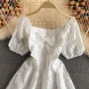 Bow White Square-Cut Collar Dress Summer New French Slimming Gentle First Love Skirt Puff Sleeve Elegant A- line Skirt - Image 3