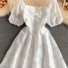 Bow White Square-Cut Collar Dress Summer New French Slimming Gentle First Love Skirt Puff Sleeve Elegant A- line Skirt - Image 7