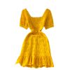 Summer New Square Collar Puff Sleeve Hollow Crocheted Ruffled Waist Slim Fit Temperament Sheath Dress Short Sleeve - Image 6