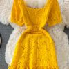 Summer New Square Collar Puff Sleeve Hollow Crocheted Ruffled Waist Slim Fit Temperament Sheath Dress Short Sleeve - Image 7